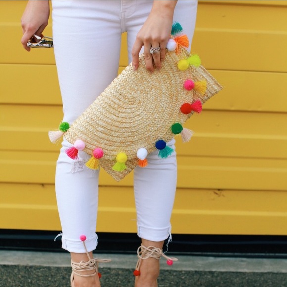 Handbags - ‘LOLA’ Pom Pom Handmade Straw Clutch Bag